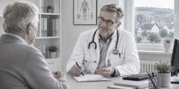 Mit dem Wechsel in den Ruhestand nimmt weiter die Zahl der klassischen Arztpraxen ab. Nachfolgende Arztgenerationen schätzen eine geregelte Arbeitszeit wie auch das Arbeiten im Team und organisieren sich zunehmend in Medizinischen Versorgungszentren (MVZ). Grafik: ChatGPT